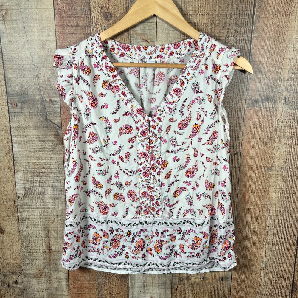 Old Navy White Floral Paisley Rayon Flutter Sleeve Button V-Neck Blouse Boho M